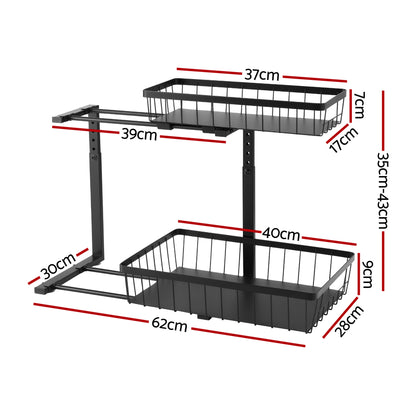 Artiss Under Sink Organizer Storage with 2 Slide Out Drawers 5 Adjustable Height Bathroom Kitchen Cabinet USS-A-STEEL-BK