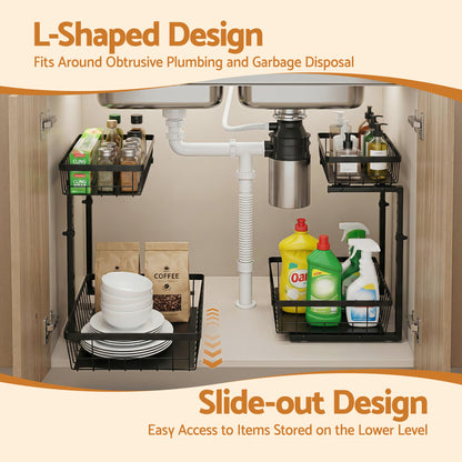 Artiss Under Sink Organizer Storage with 2 Slide Out Drawers 5 Adjustable Height Bathroom Kitchen Cabinet USS-A-STEEL-BK
