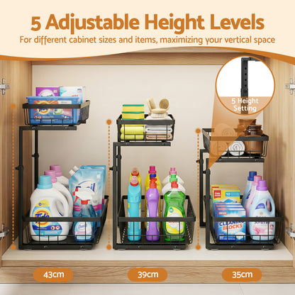 Artiss Under Sink Organizer Storage with 2 Slide Out Drawers 5 Adjustable Height Bathroom Kitchen Cabinet USS-A-STEEL-BK
