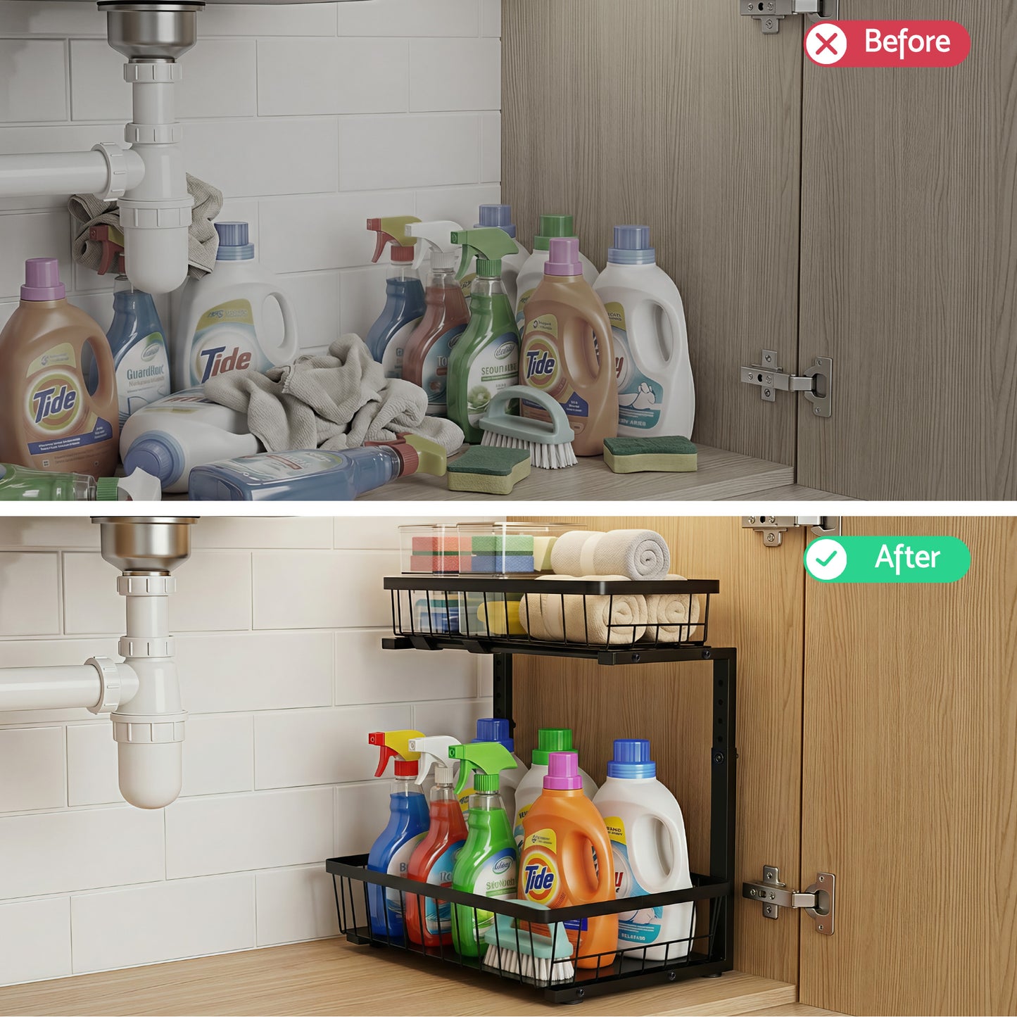 Artiss Under Sink Organizer Storage with 2 Slide Out Drawers 5 Adjustable Height Bathroom Kitchen Cabinet USS-A-STEEL-BK