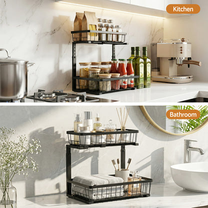 Artiss Under Sink Organizer Storage with 2 Slide Out Drawers 5 Adjustable Height Bathroom Kitchen Cabinet USS-A-STEEL-BK