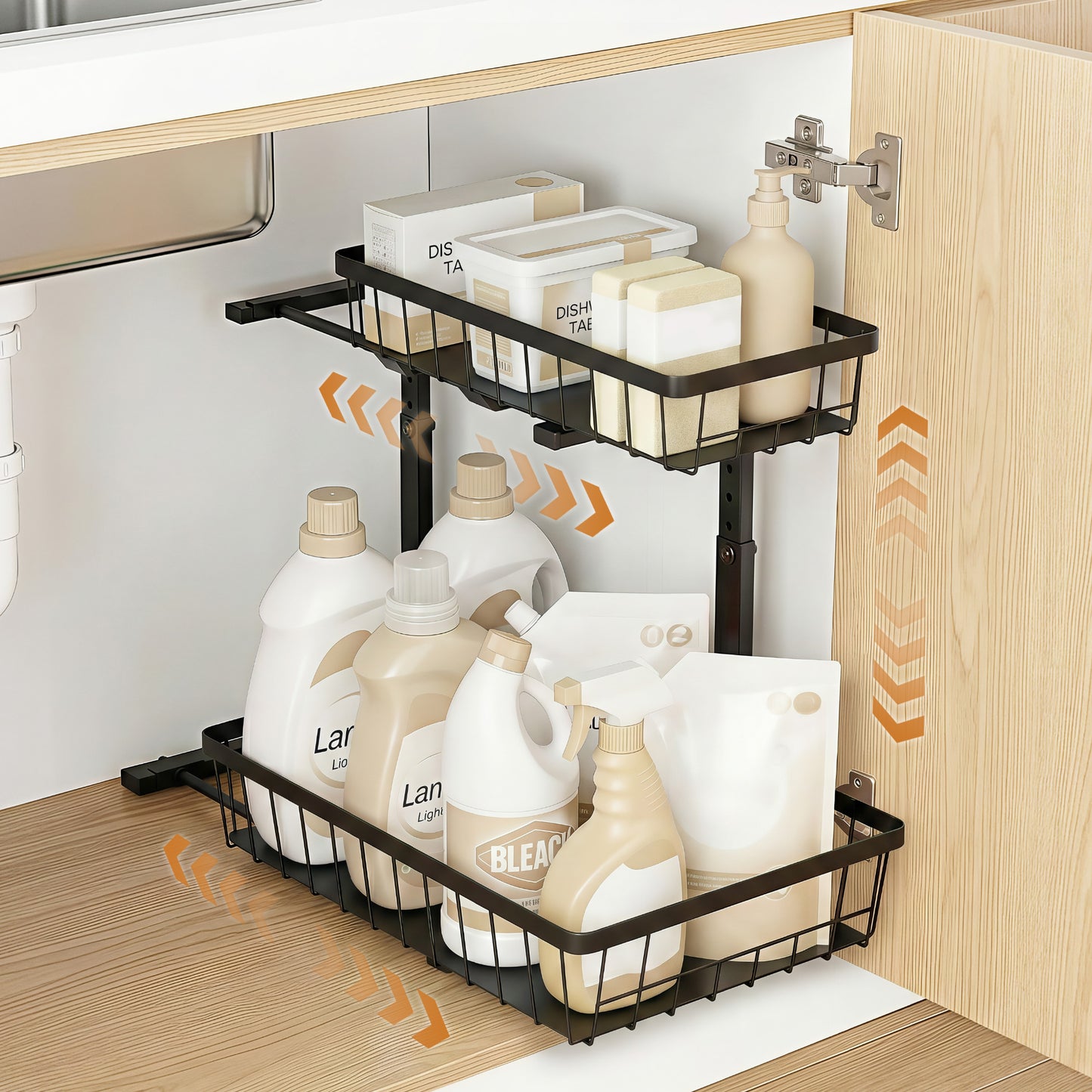 Artiss Under Sink Organizer Storage with 2 Slide Out Drawers 5 Adjustable Height Bathroom Kitchen Cabinet USS-A-STEEL-BK