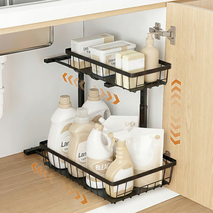 Artiss Under Sink Organizer Storage with 2 Slide Out Drawers 5 Adjustable Height Bathroom Kitchen Cabinet USS-A-STEEL-BK