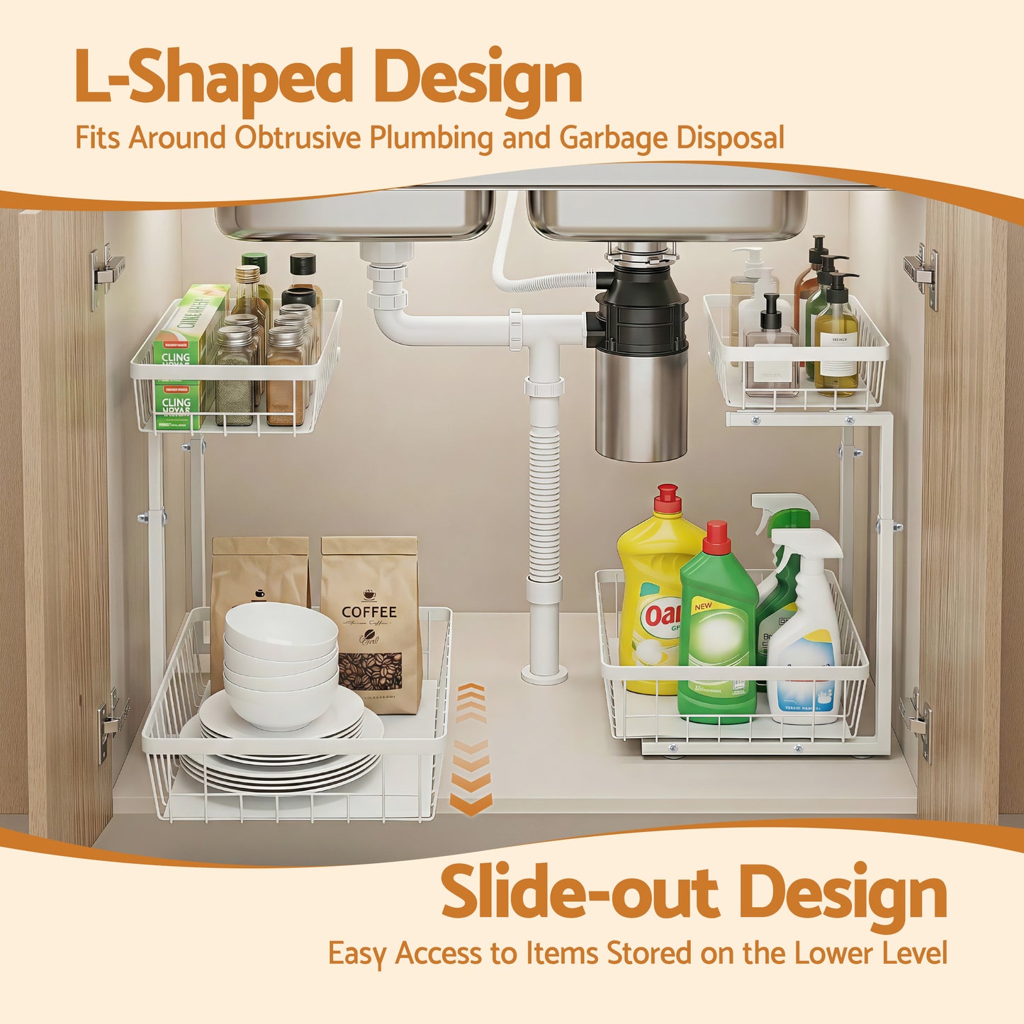 Artiss Under Sink Organizer Storage with 2 Slide Out Drawers 5 Adjustable Height Bathroom Kitchen Cabinet USS-A-STEEL-WH
