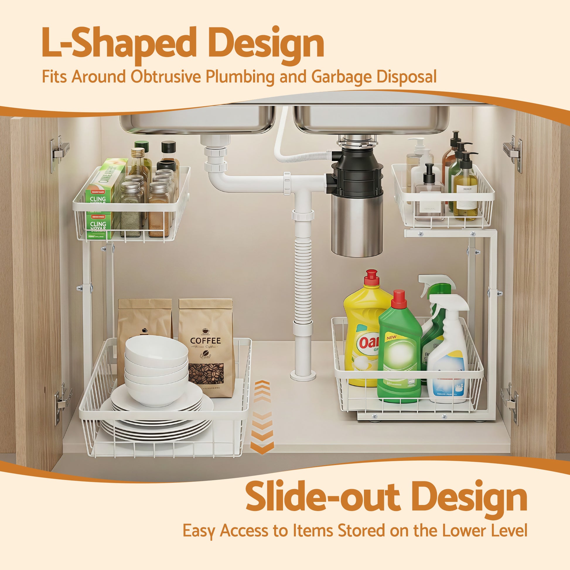 Artiss Under Sink Organizer Storage with 2 Slide Out Drawers 5 Adjustable Height Bathroom Kitchen Cabinet USS-A-STEEL-WH