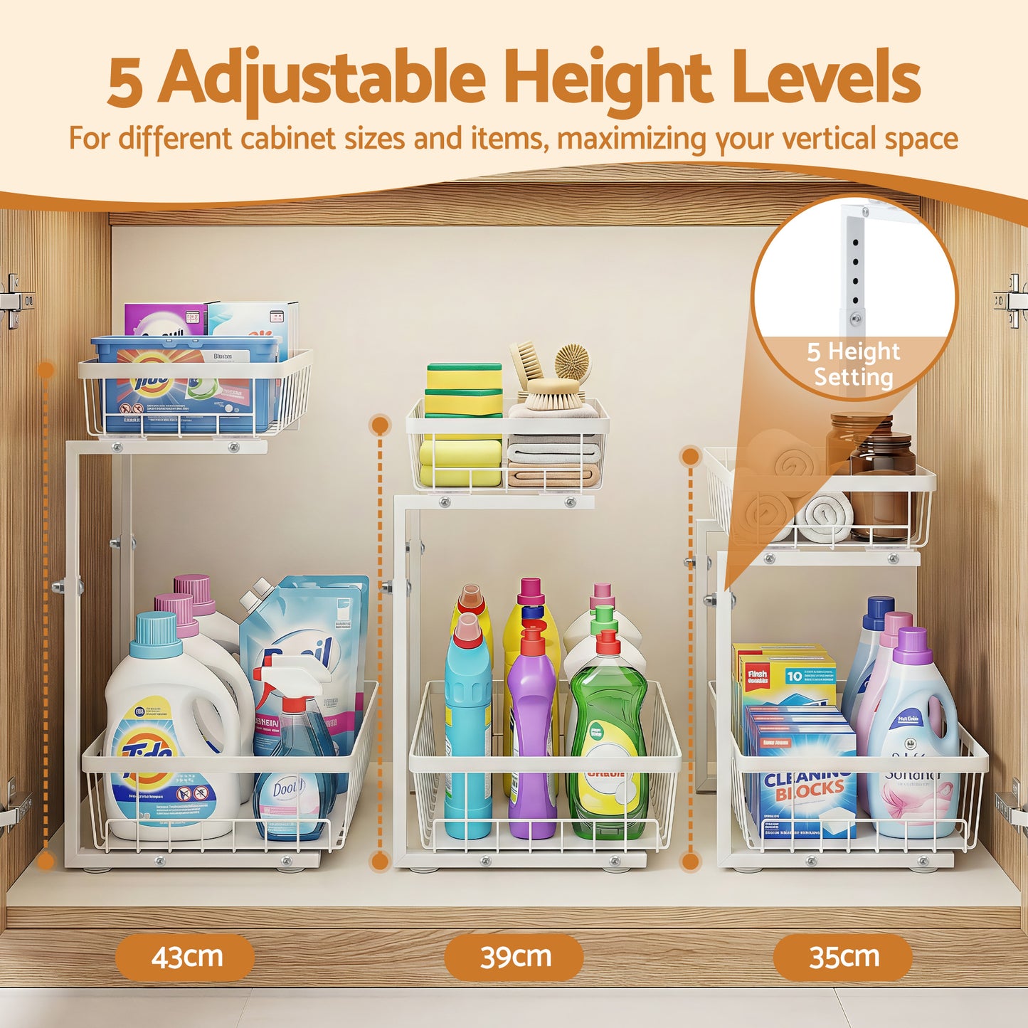 Artiss Under Sink Organizer Storage with 2 Slide Out Drawers 5 Adjustable Height Bathroom Kitchen Cabinet USS-A-STEEL-WH