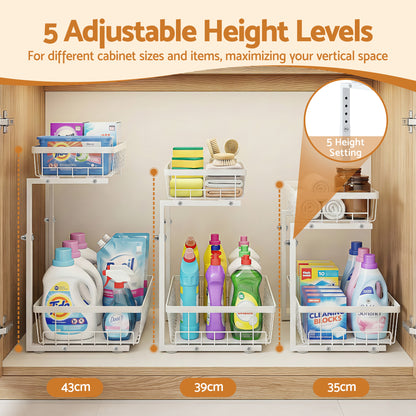 Artiss Under Sink Organizer Storage with 2 Slide Out Drawers 5 Adjustable Height Bathroom Kitchen Cabinet USS-A-STEEL-WH