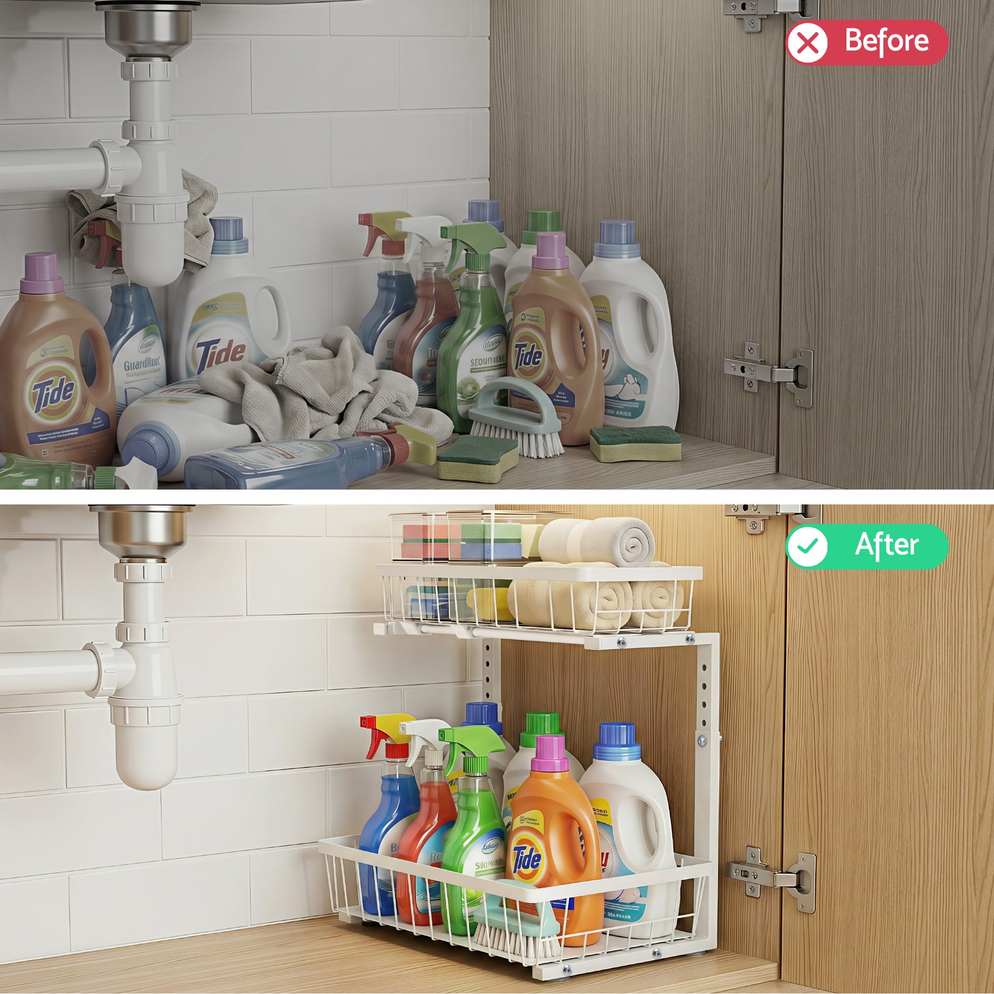 Artiss Under Sink Organizer Storage with 2 Slide Out Drawers 5 Adjustable Height Bathroom Kitchen Cabinet USS-A-STEEL-WH