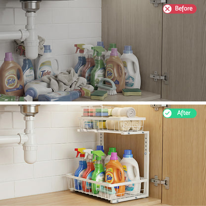 Artiss Under Sink Organizer Storage with 2 Slide Out Drawers 5 Adjustable Height Bathroom Kitchen Cabinet USS-A-STEEL-WH