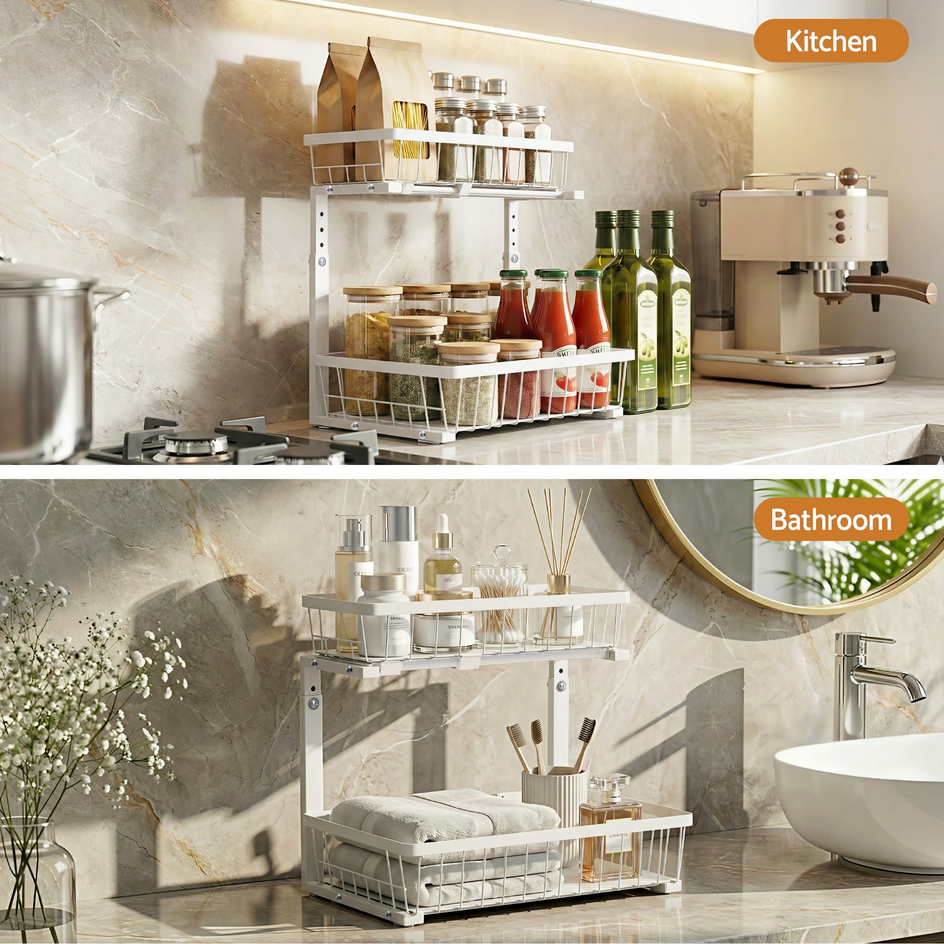 Artiss Under Sink Organizer Storage with 2 Slide Out Drawers 5 Adjustable Height Bathroom Kitchen Cabinet USS-A-STEEL-WH