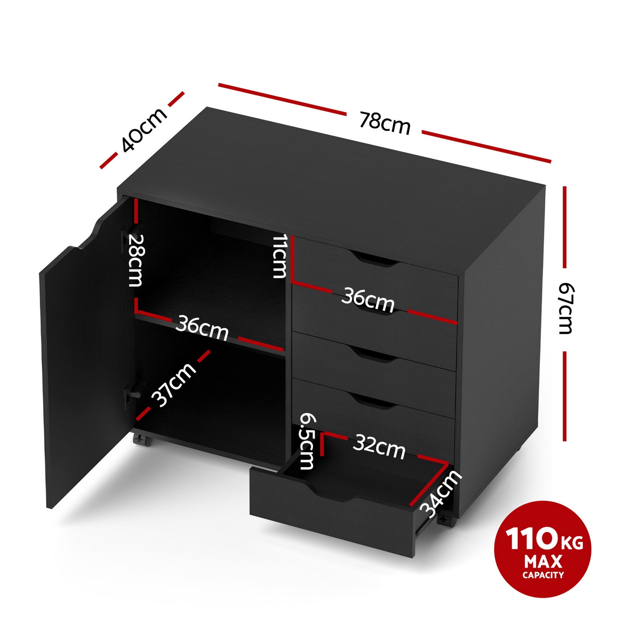 Artiss Mobile Filing Cabinet 5 Drawer with Door Modern Storage Cabinet Printer Stand FURNI-Q-FC-5D-BK