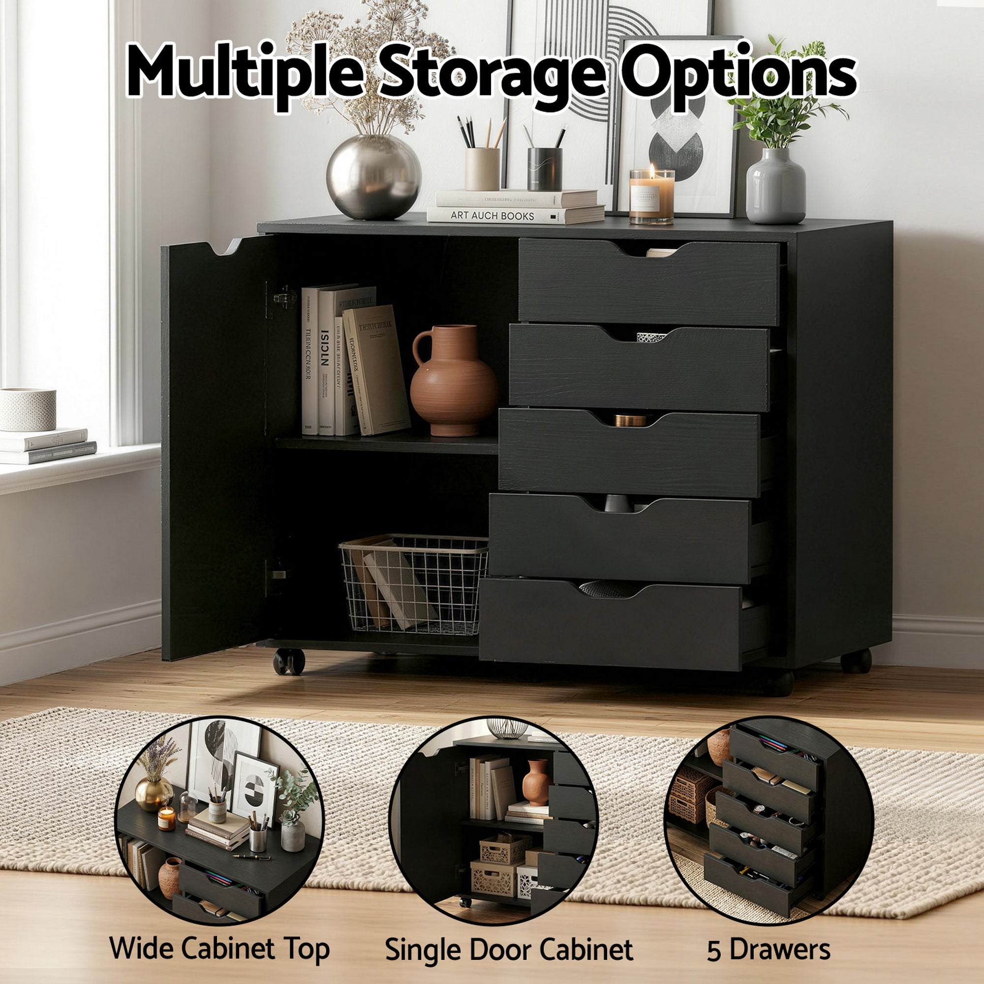 Artiss Mobile Filing Cabinet 5 Drawer with Door Modern Storage Cabinet Printer Stand FURNI-Q-FC-5D-BK