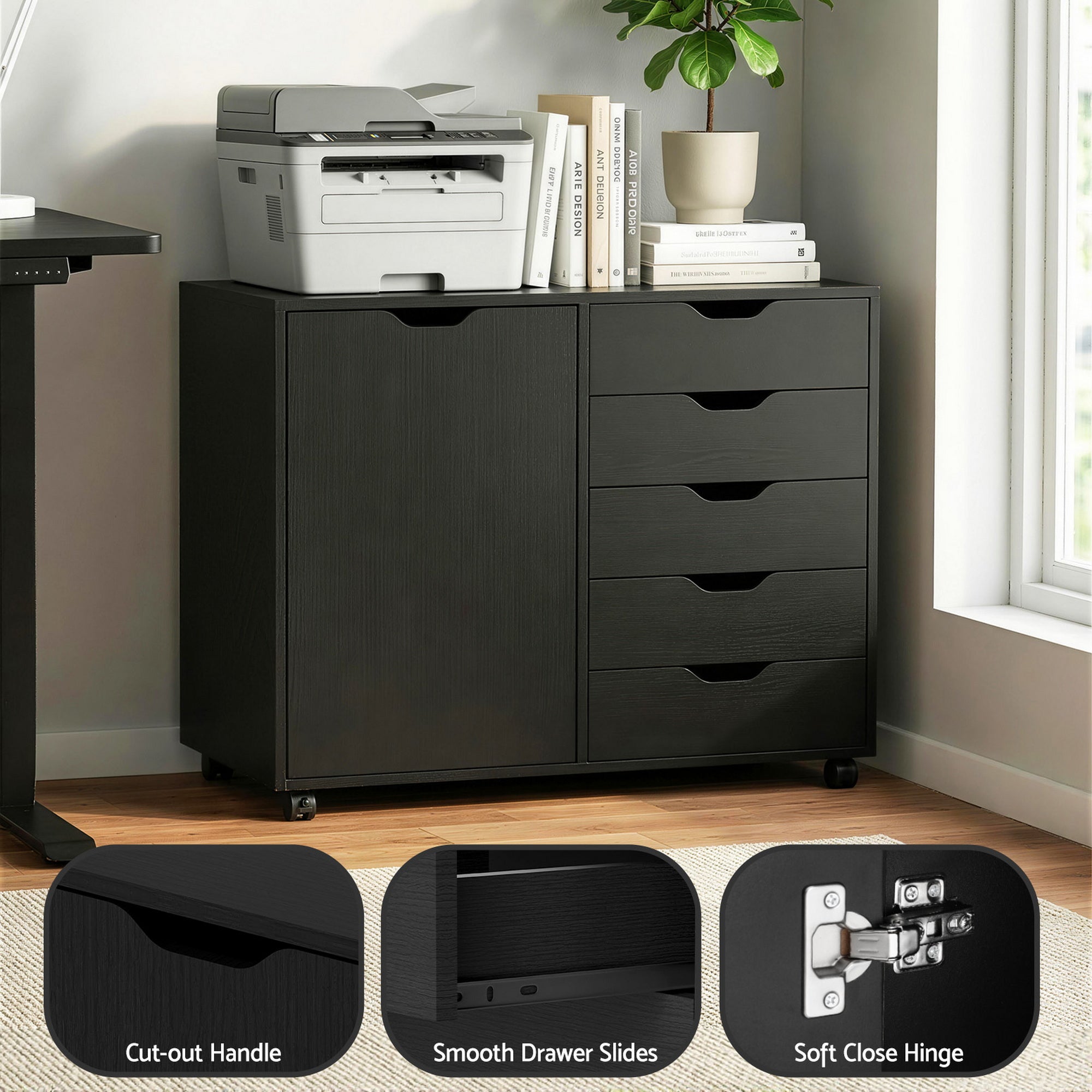 Artiss Mobile Filing Cabinet 5 Drawer with Door Modern Storage Cabinet Printer Stand FURNI-Q-FC-5D-BK