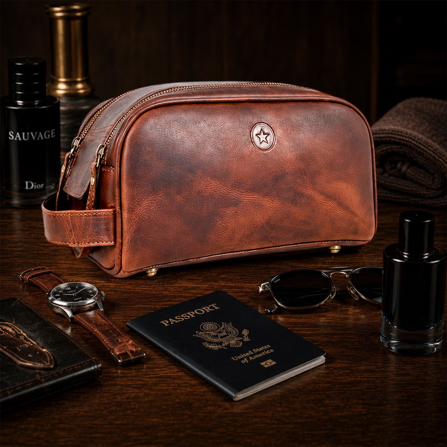Leather Toiletry Bag for Men Leather Unisex Make-up Bag Travel Dopp Kit V1003-AARO-WB09