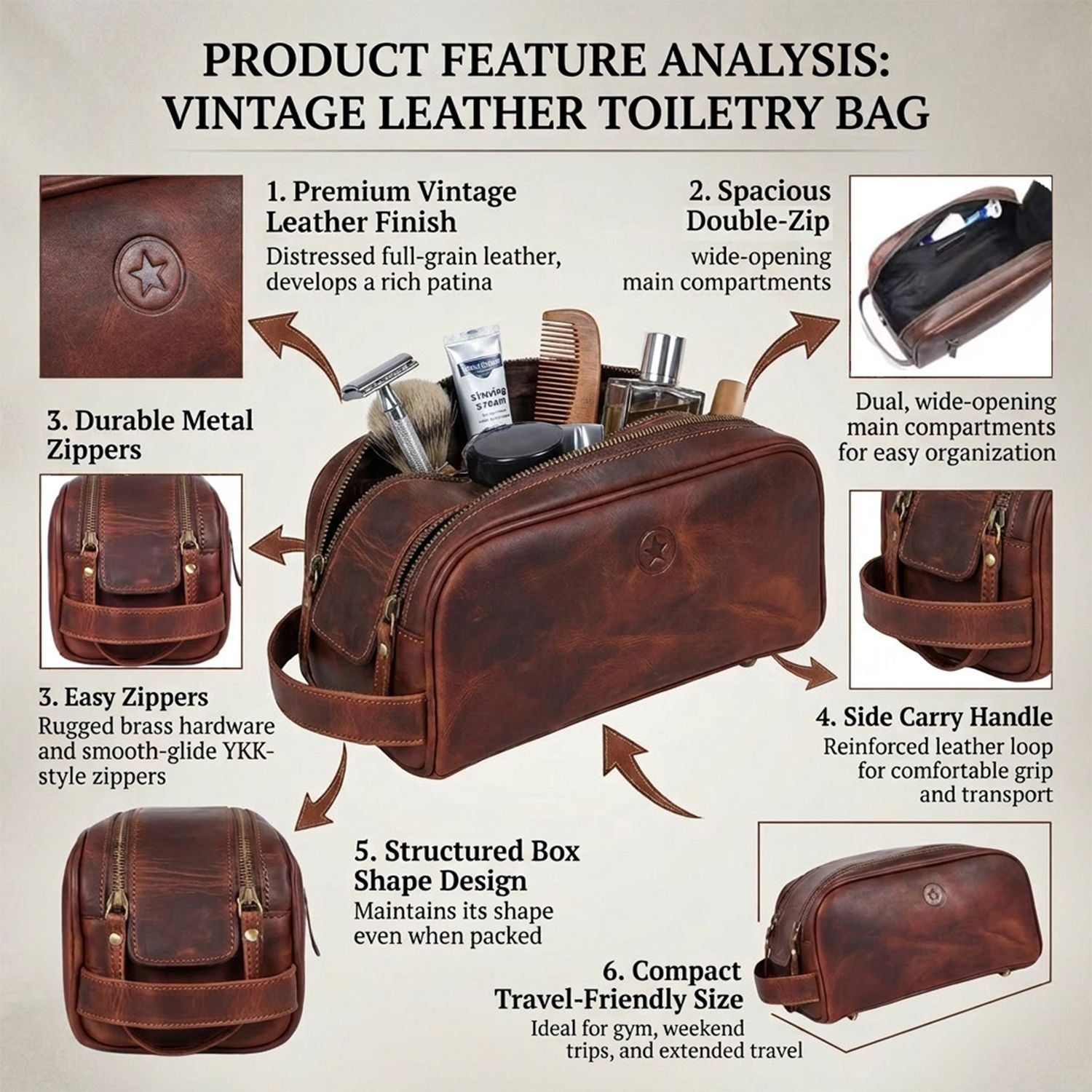 Leather Toiletry Bag for Men Leather Unisex Make-up Bag Travel Dopp Kit V1003-AARO-WB09