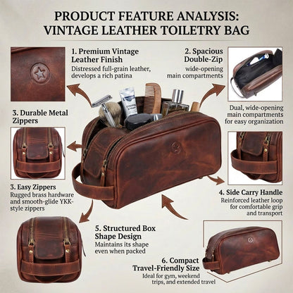 Leather Toiletry Bag for Men Leather Unisex Make-up Bag Travel Dopp Kit V1003-AARO-WB09