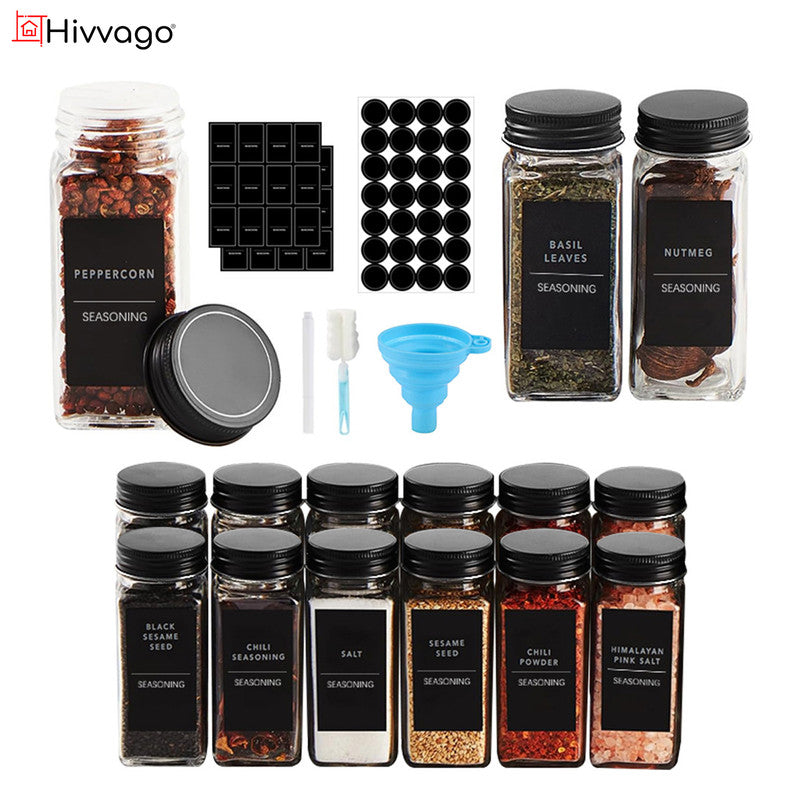 Hivvago 12 Pack Glass Spice Jar Set 120ml Airtight Square Jars with Shaker Lids Labels Funnel and Brush V1003-HW-SBS015-CLR