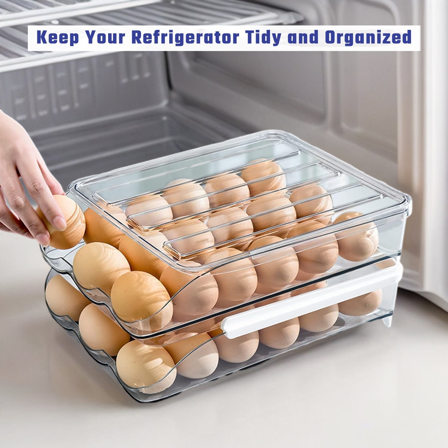 Hivvago 2 Layers Automatic Rolling Clear Egg Refrigerator Organizer with Lid V1003-HWS101-EGH-CLR