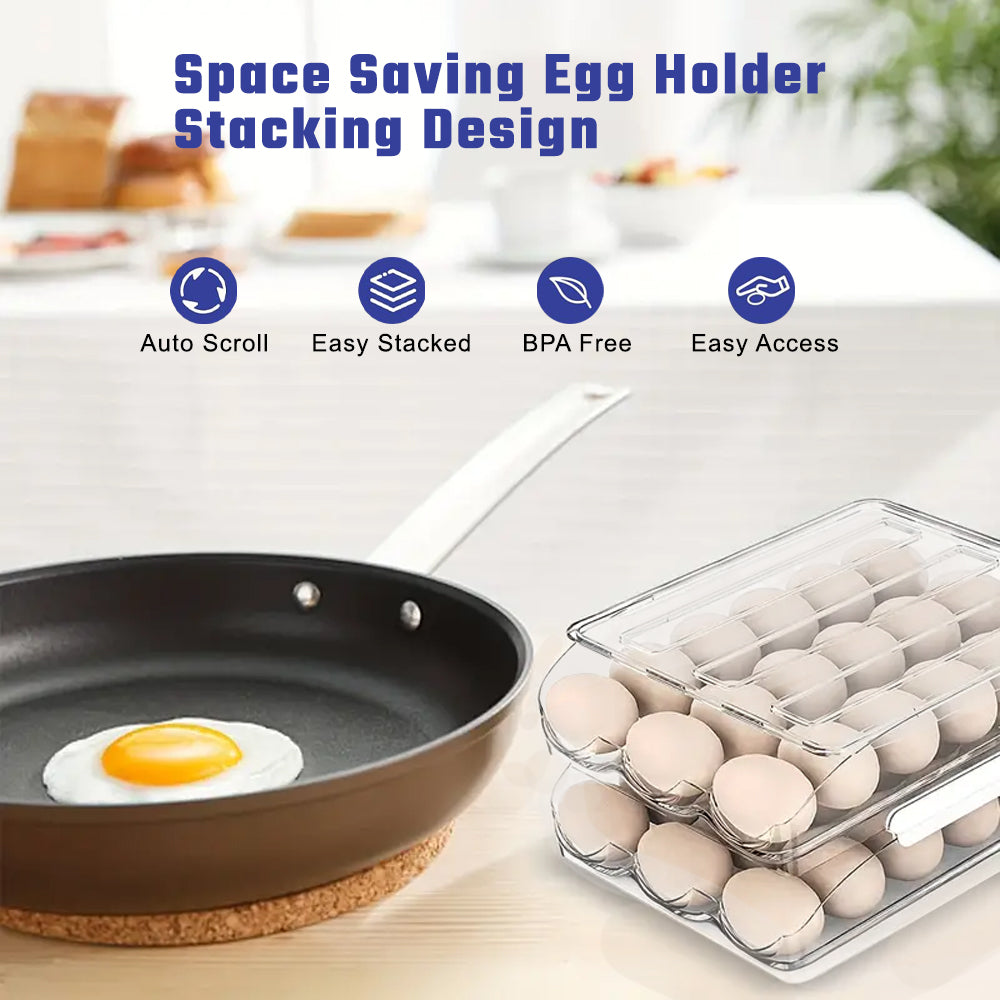 Hivvago 2 Layers Automatic Rolling Clear Egg Refrigerator Organizer with Lid V1003-HWS101-EGH-CLR
