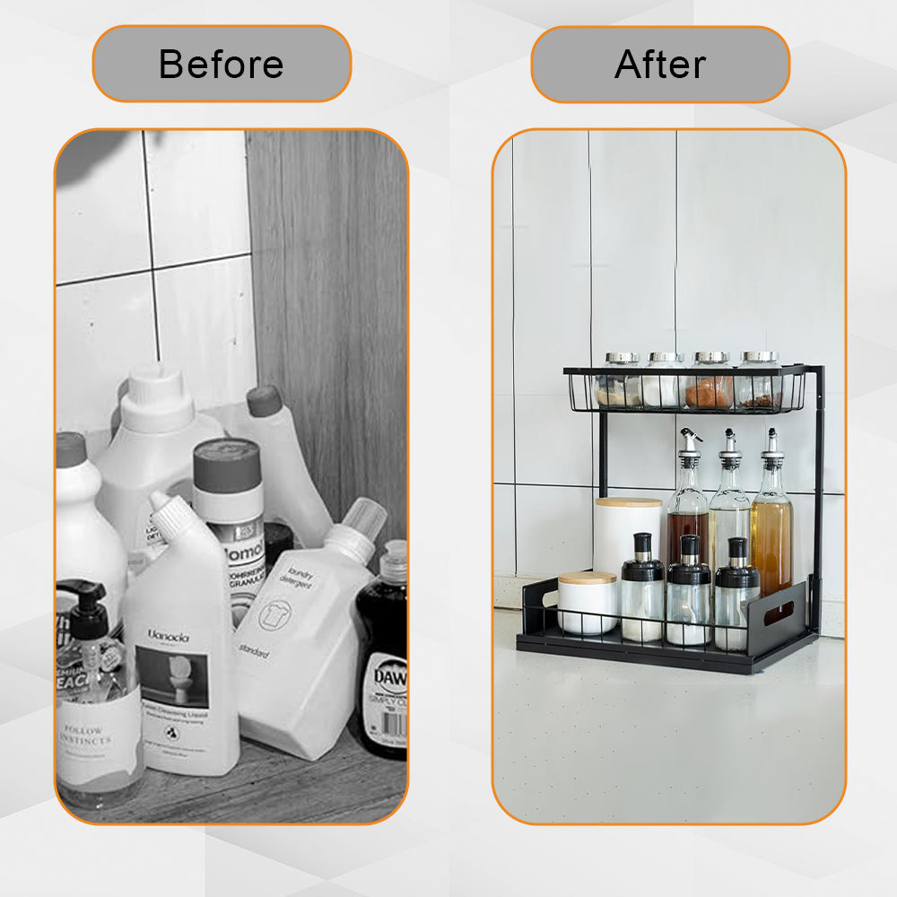 Hivvago 2-Tier Pull-Out Under Sink Organizer Storage Shelf For Kitchen V1003-HWS103-2TSCBS-BK