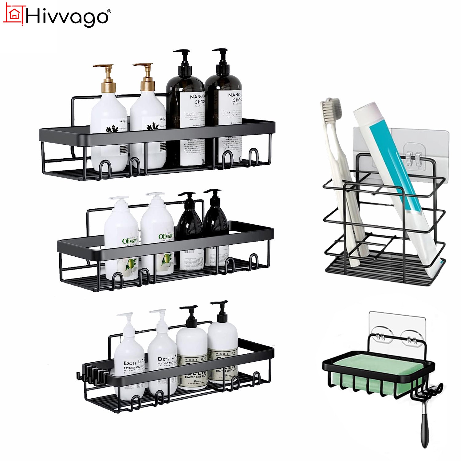 Hivvago Stainless Steel Bathroom Organizer with Adhesive Shelves V1003-HWS104-BSO-BK-5PK