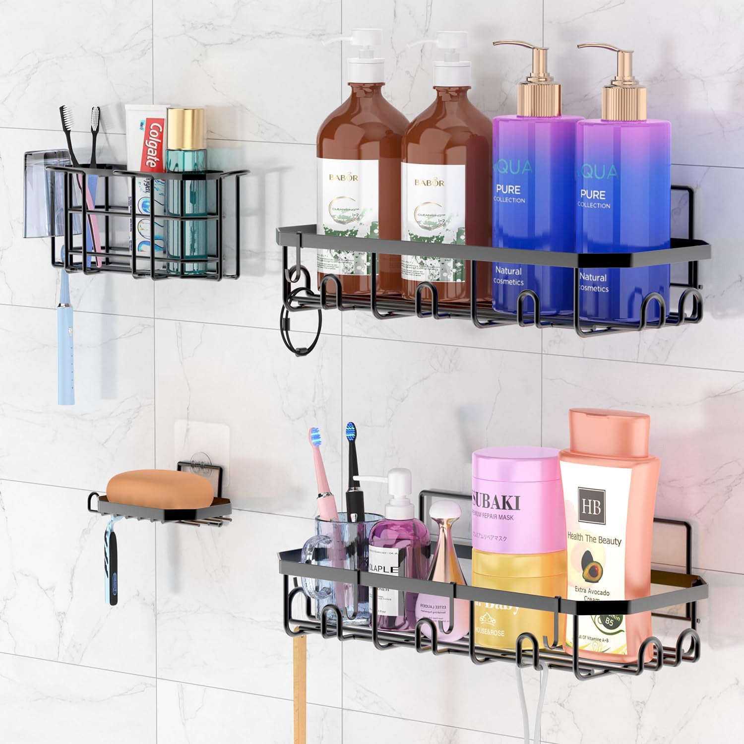 Hivvago Stainless Steel Bathroom Organizer with Adhesive Shelves V1003-HWS104-BSO-BK-5PK