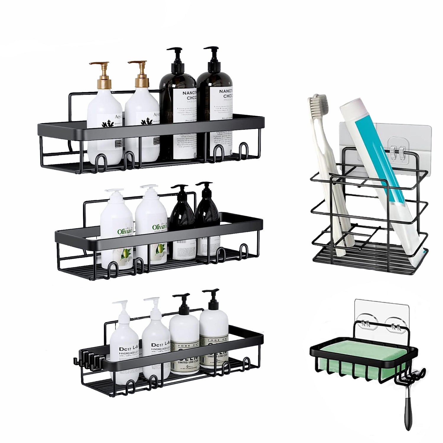 Hivvago Stainless Steel Bathroom Organizer with Adhesive Shelves V1003-HWS104-BSO-BK-5PK