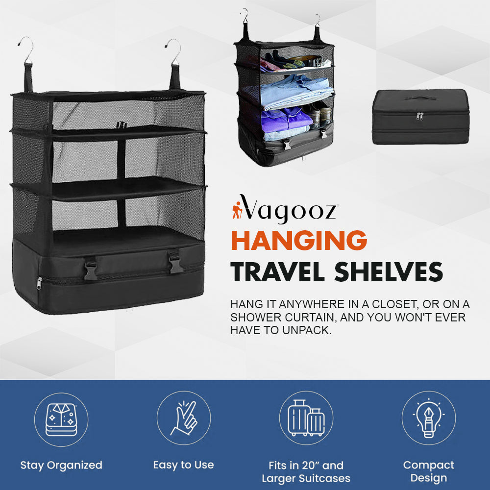 Vagooz Foldable 3 Shelf Travel Camping Organizer with Hook V1003-VGS101-FTB-BK