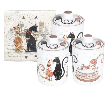 Cat Couple Embossed Canisters - Bone China Storage Set + Matching Napkins V1026-KLCCW1209L
