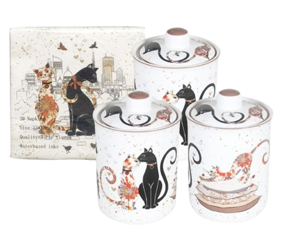 Cat Couple Embossed Canisters - Bone China Storage Set + Matching Napkins V1026-KLCCW1209L
