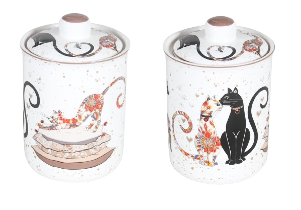 Cat Couple Embossed Canisters - Bone China Storage Set + Matching Napkins V1026-KLCCW1209L