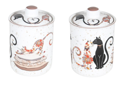 Cat Couple Embossed Canisters - Bone China Storage Set + Matching Napkins V1026-KLCCW1209L