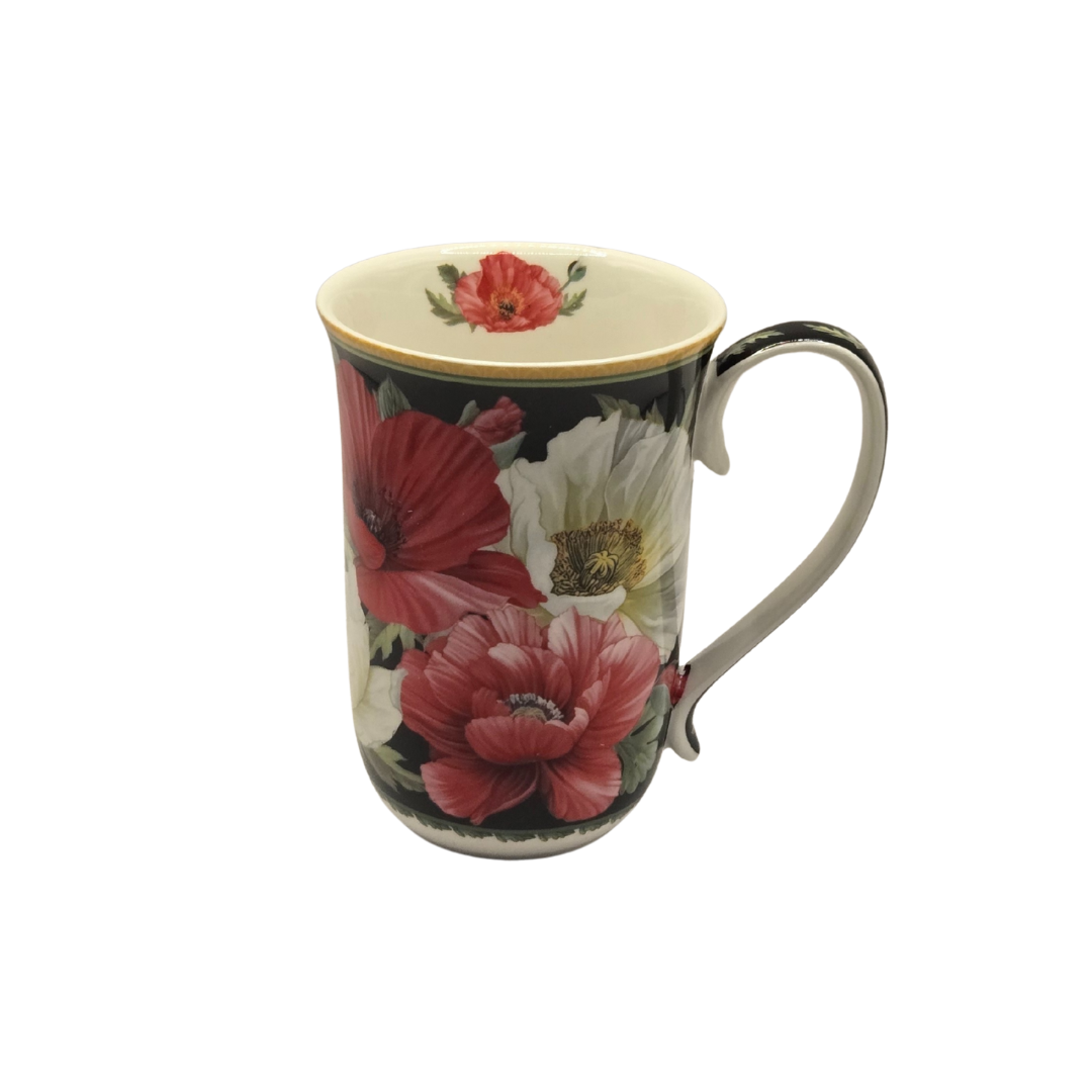 Elegant Poppies Fine Bone China Mug - 405ml Black Floral Teacup V1026-KLCCW1271