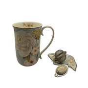 White Rose Fine Bone China Mug with Strainer - 405ml Floral Tea Cup V1026-KLCCW974-CW981