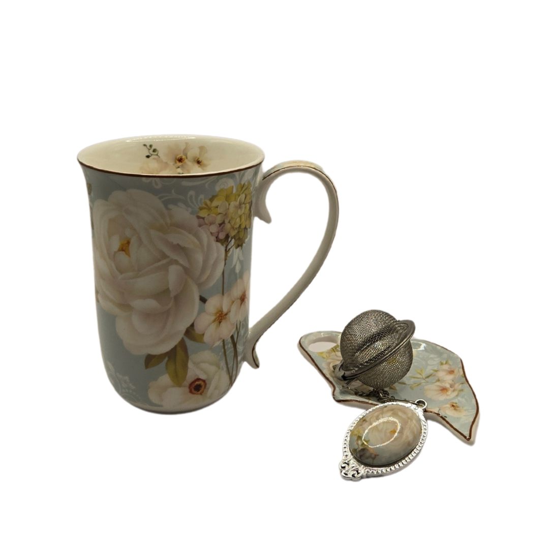 White Rose Fine Bone China Mug with Strainer - 405ml Floral Tea Cup V1026-KLCCW974-CW981
