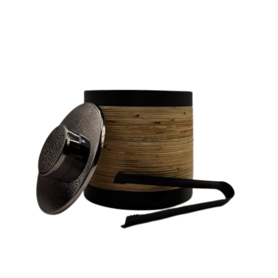 Plantation Ice Bucket with Tongs - Matte Black & Rattan | Stainless Steel Barware V1026-KLCDIM0007