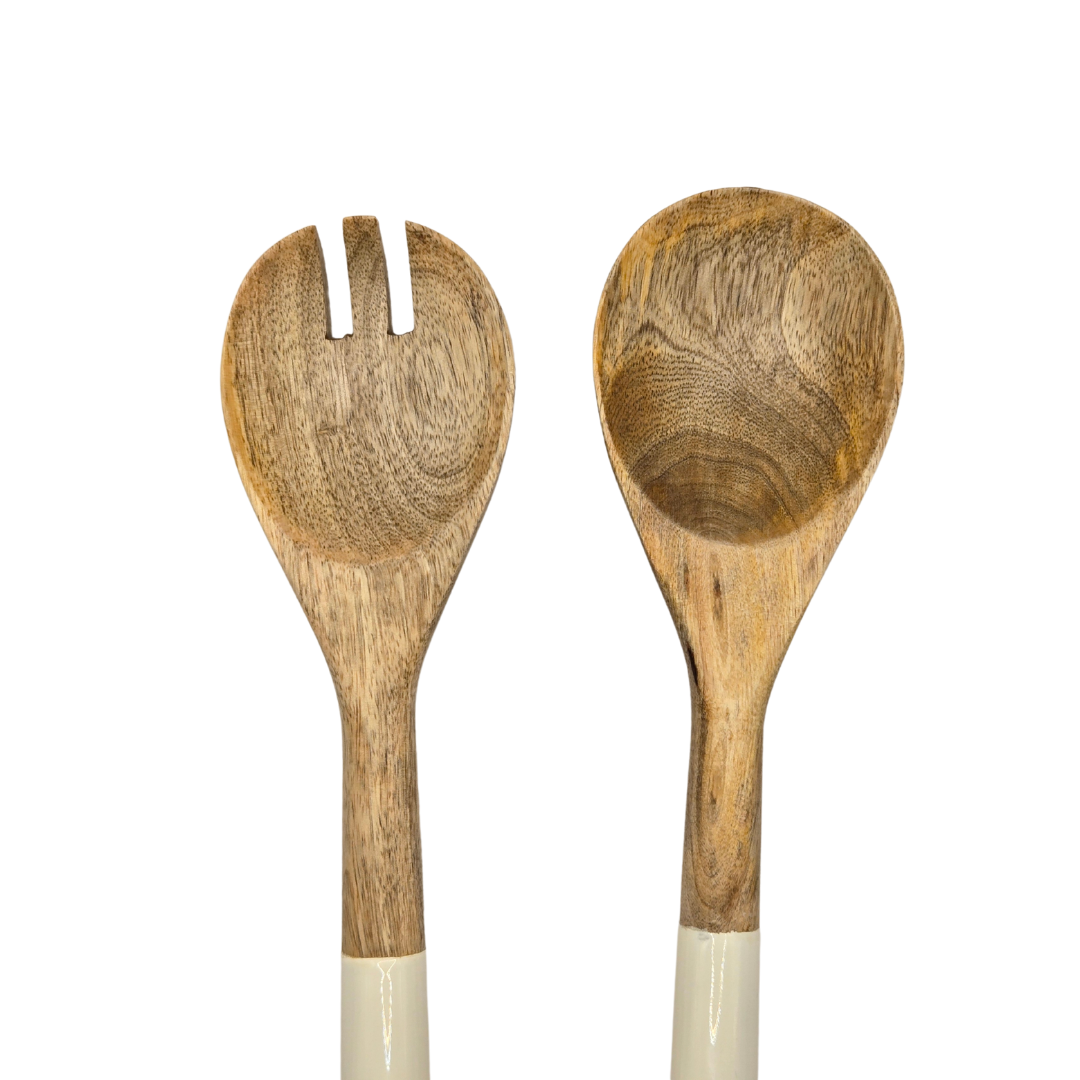Handcrafted Mango Wood & Enamel Salad Server Set - Sustainable Serving Utensils V1026-KLCHH24261