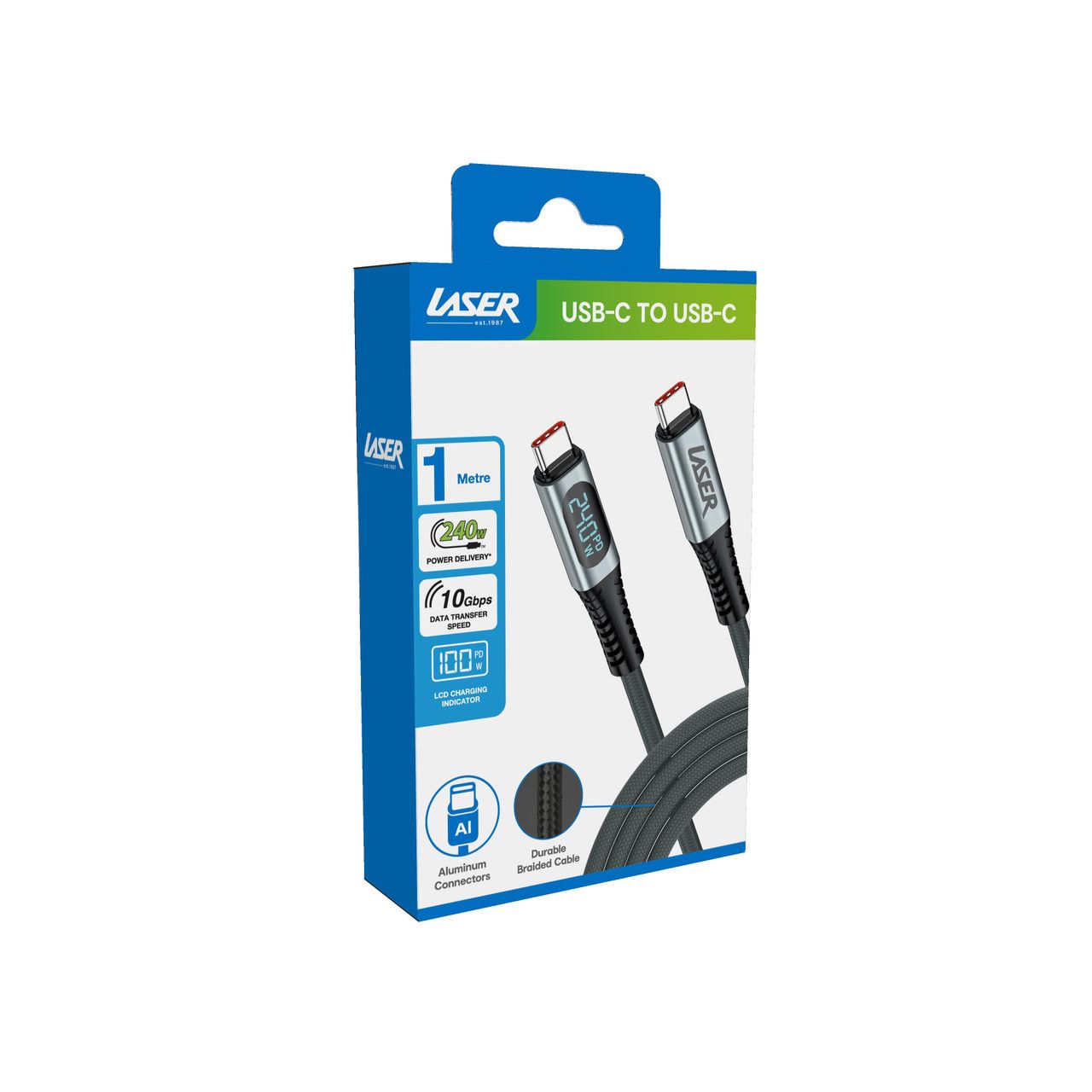 Laser 240W USB-C to USB-C LCD Braided Cable 1M V1031-CB-UC32D-252