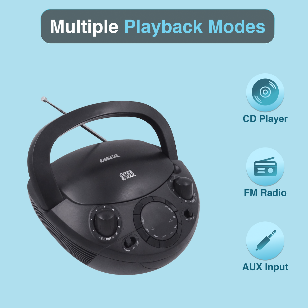 Laser Black Portable CD Boombox with AM/FM Radio V1031-CDBB-200-BLK