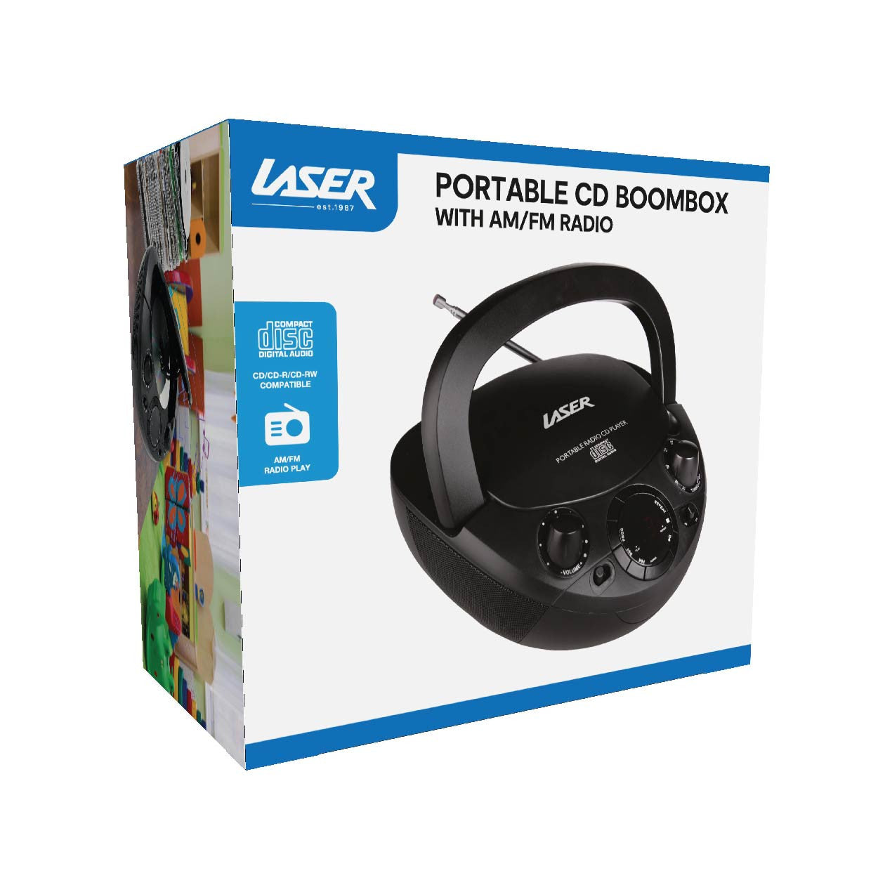 Laser Black Portable CD Boombox with AM/FM Radio V1031-CDBB-200-BLK