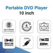 Laser 10" Portable DVD Player with Anti-Skip Technology V1031-DVD-PT-10D