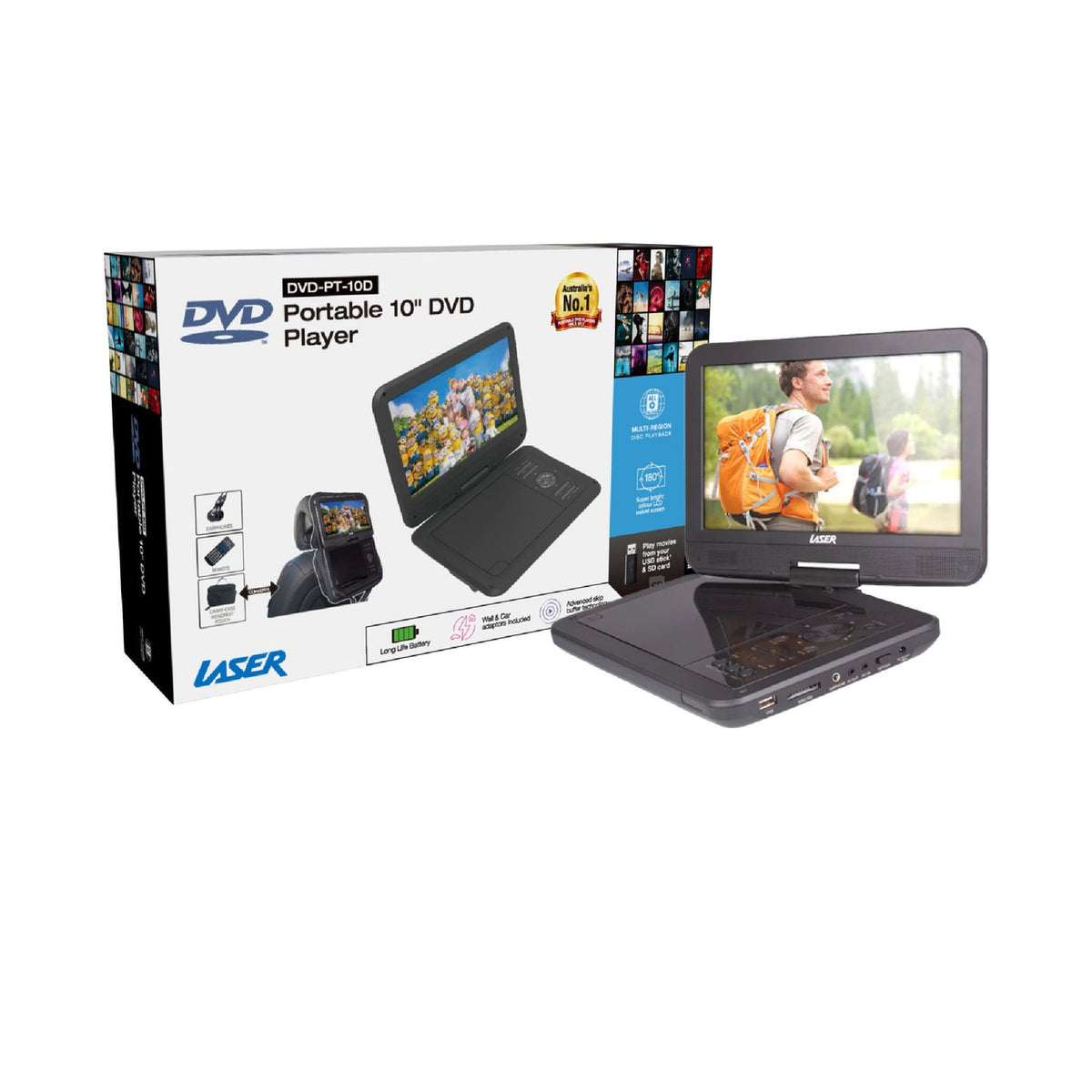 Laser 10" Portable DVD Player with Anti-Skip Technology V1031-DVD-PT-10D