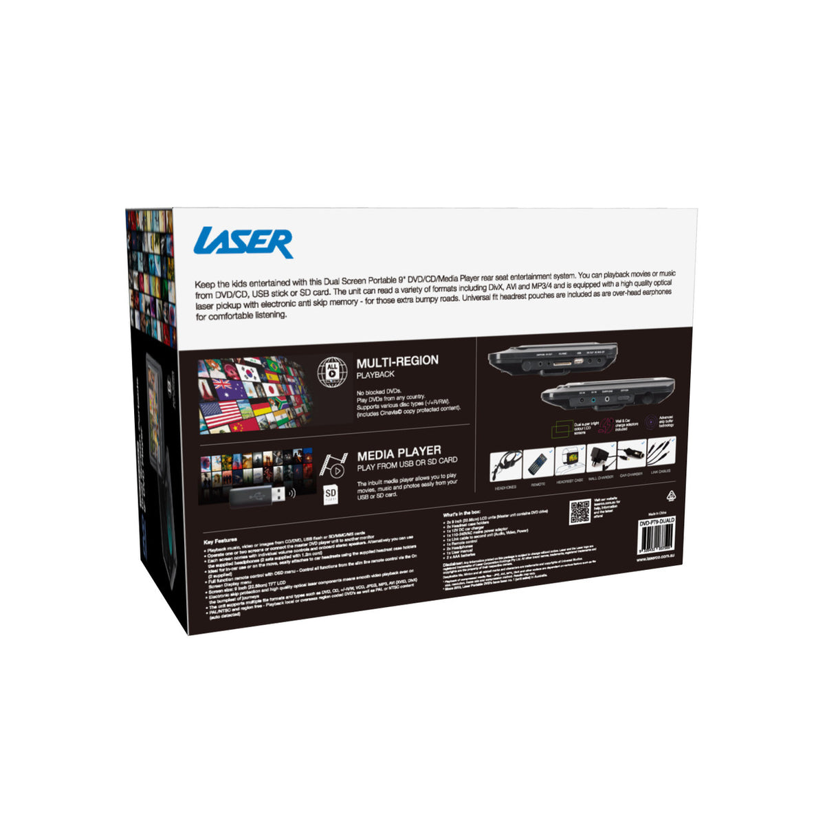 Laser 9 Inch Dual Screen DVD Player Black V1031-DVD-PT9-DUALD