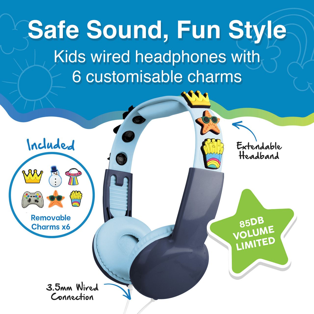 Laser Kids Wired Headphones with Charms Blue V1031-HP-KW26BL-001