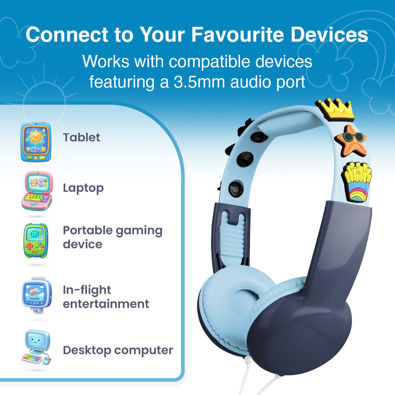 Laser Kids Wired Headphones with Charms Blue V1031-HP-KW26BL-001