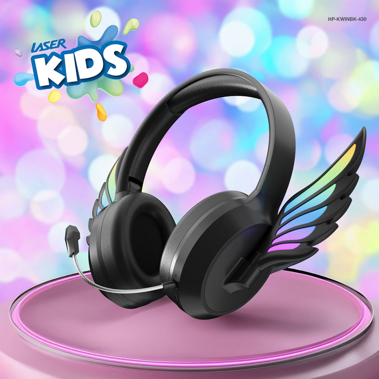 Laser Kids Angel Wings Headphones with Mic Black V1031-HP-KWINBK-430