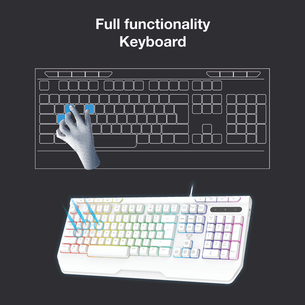 Laser White Gaming RGB Keyboard Full Size with Multimedia Keys V1031-KB-MBK701-WH05
