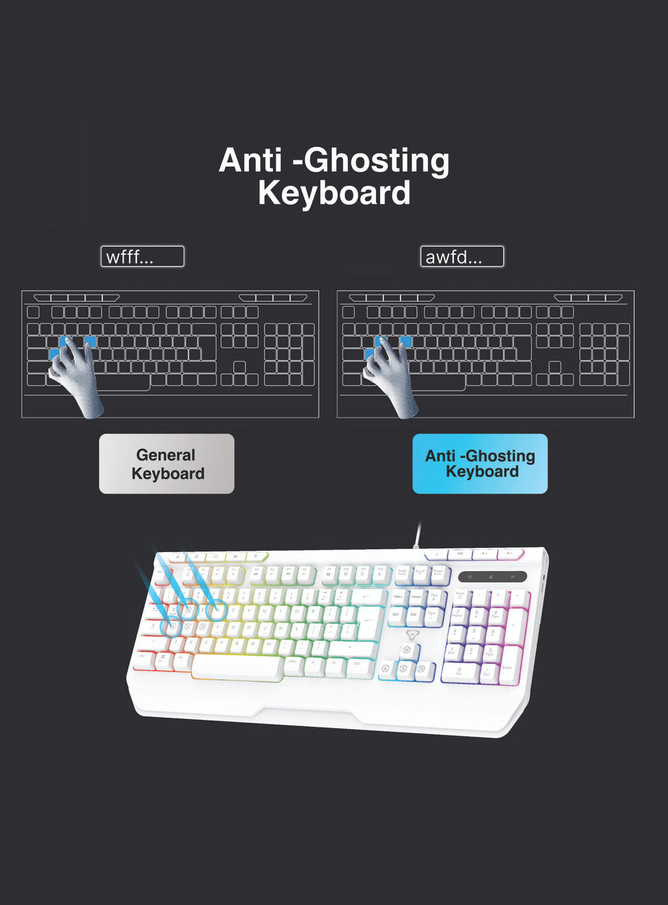 Laser White Gaming RGB Keyboard Full Size with Multimedia Keys V1031-KB-MBK701-WH05