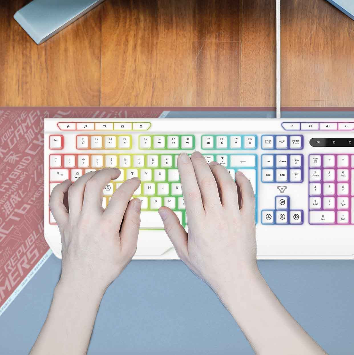 Laser White Gaming RGB Keyboard Full Size with Multimedia Keys V1031-KB-MBK701-WH05
