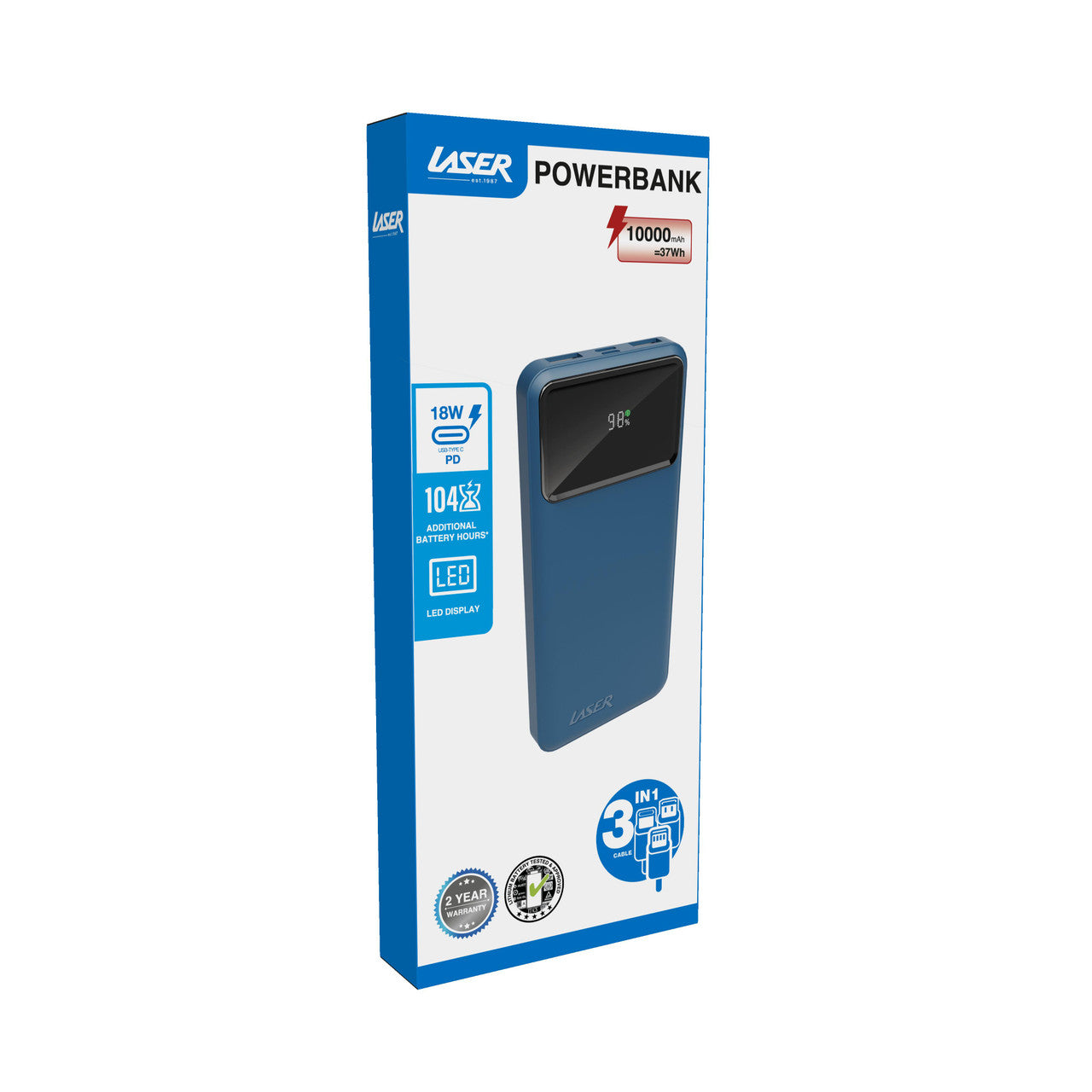 Laser 10000mAh Powerbank 18W PD with LED Navy V1031-PB-10K24NA-736